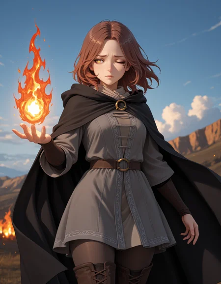 <lora:Melina - Elden Ring (NoobAI):1>
1girl, solo,
m3lina, facial tattoo, brown hair, medium hair, one eye closed, yellow eyes, one-eyed,
hooded cloak, hood down, black cloak, grey dress, pantyhose, thigh boots,
standing, casting spell, fire,
outdoors, blue sky, clouds, depth of field, blurry,
cowboy shot, worried,, masterpiece, best quality, amazing quality,