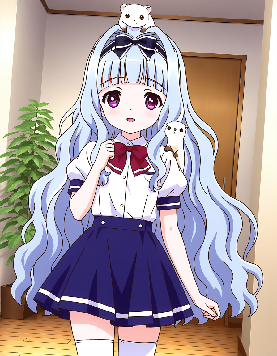 general,highres, ultra-detailed,very aesthetic,best quality ,best hands,  BREAK <lora:Watayuki_BP_IS:1>Watayuki(BP), 1girl,solo, hairband, very long hair, hair bow, purple eyes,  hair intakes, light blue hair, blunt bangs, wavy hair,
thighhighs, school uniform, skirt, white thighhighs, bow, zettai ryouiki, ribbon, blue skirt, light smile,
short sleeves, shirt, open mouth,  white shirt, puffy sleeves, looking at viewer, miniskirt,
three animals,  white_ferret,  animal on shoulder, on head, 
home in the room, flooring, plant,