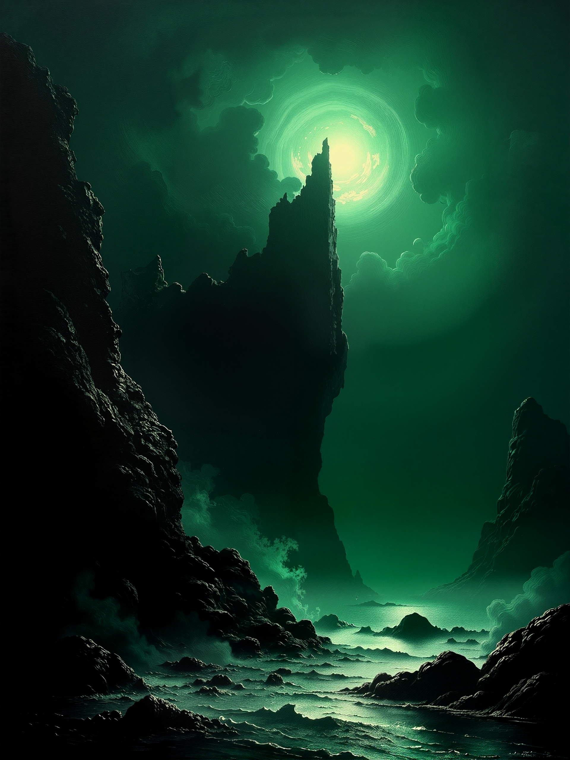 famous artwork, masterwork classical oil painting in a dark and surreal fantasy style, oil on canvas, traditional media, at night, dark, dim lighting, low angle of view, dynamic, a mystical, otherworldly landscape dominated by a towering, jagged rock formation with a dark spire that pierces the sky, illuminated by a glowing, cold greenish-white light at its peak. this light creates an ethereal halo, casting a surreal glow over the entire composition. the sky is filled with swirling, ominous clouds in shades of sea green and dark grey, enhancing the eerie atmosphere. in the foreground, a rocky shoreline is visible, with large, jagged boulders scattered across the water, which is depicted with a slightly reflective surface, indicating a calm, yet mysterious sea. the water has a subtle green tint, harmonizing with the overall color palette of the scene. the rocky textures are detailed, with deep shadows and highlights that give them a three-dimensional appearance. the painting is viewed from a low angle, emphasizing the height and grandeur of the central rock formation. the artist has used a combination of dark and light greens, with contrasting shadows and highlights, creating a sense of depth and dimensionality. the overall mood is one of mystery and awe, with a touch of the supernatural. the digital medium allows for smooth blending and gradients, particularly in the clouds and light effects, enhancing the surreal quality of the scene, sea green and ivory and midnight black and deep blue, ovg, style of rembrandt, vantablack, <lora:style-rembrandt-flux-by_tangbohu:0.76> <lora:vantablack-v2-flux-by_tijuanaslumlord:0.84>