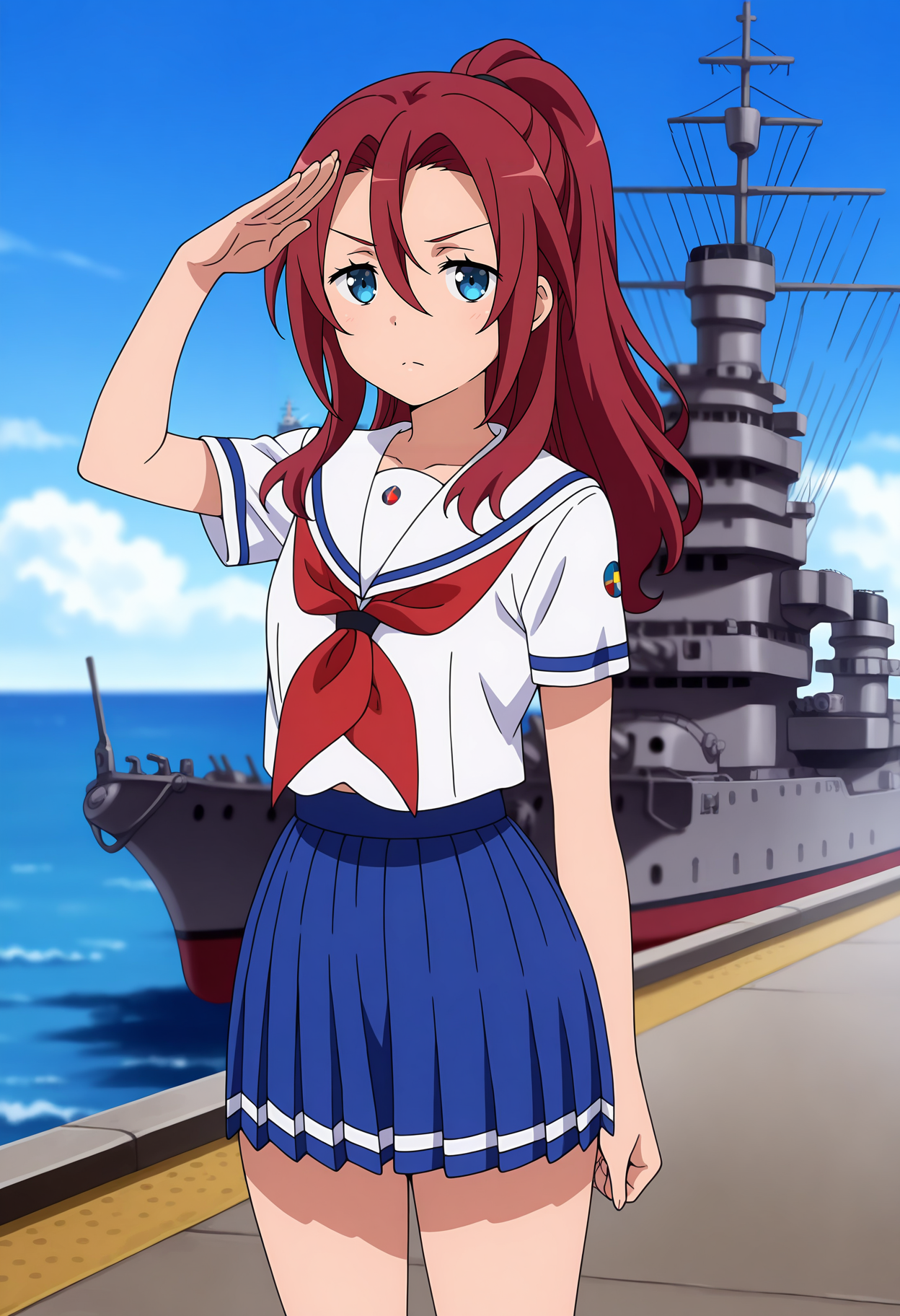 anime screencap, masterpiece, best quality,
<lora:HighSchoolFleet_MatsunagaRitsuko_IlluXL:0.9>,
1girl, solo, serious,
long hair, ponytail, hair between eyes, red hair, blue eyes,
white sailor collar, white shirt, red neckerchief, short sleeves, pleated skirt, blue skirt,
salute, standing, looking at viewer, cowboy shot,
horizon, dock, outdoors, battleship, warship, blue sky, blurry background