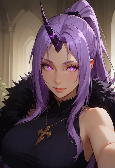 masterpiece,best quality, highly detailed, score_9, score_8_up, score_7_up, score_6_up, score_5_up, score_4_up, Expressiveh, girl, shion high ponytail, long hair, purple hair, purple eyes, parted bangs, single horn, straight bangs, ponytail, dark purple eyes, glowing eyes, huge breasts, selfie, beautiful face, provocative smile,