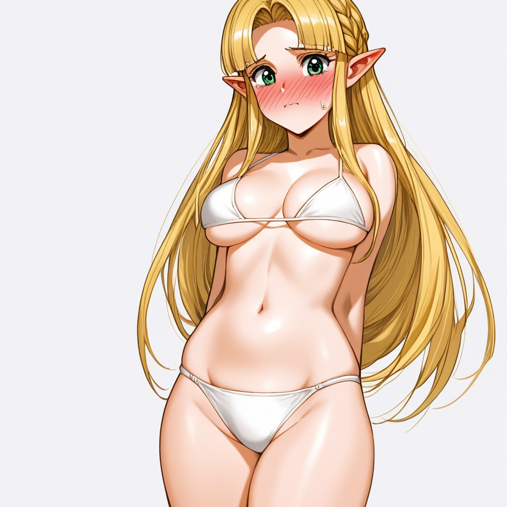 score_9, score_8_up, score_7_up, source_anime, expressive, anime, (URU5H1H4R4:1.2), Artist speedlines, dynamic, 1girl, Princess Zelda, blonde hair, green eyes, (white bikini), large breasts, skinny, thick thighs, navel, standing, shy, blush, blushing, embarrassed, sensual, horny, longing, looking at viewer, source_hentai, simple background