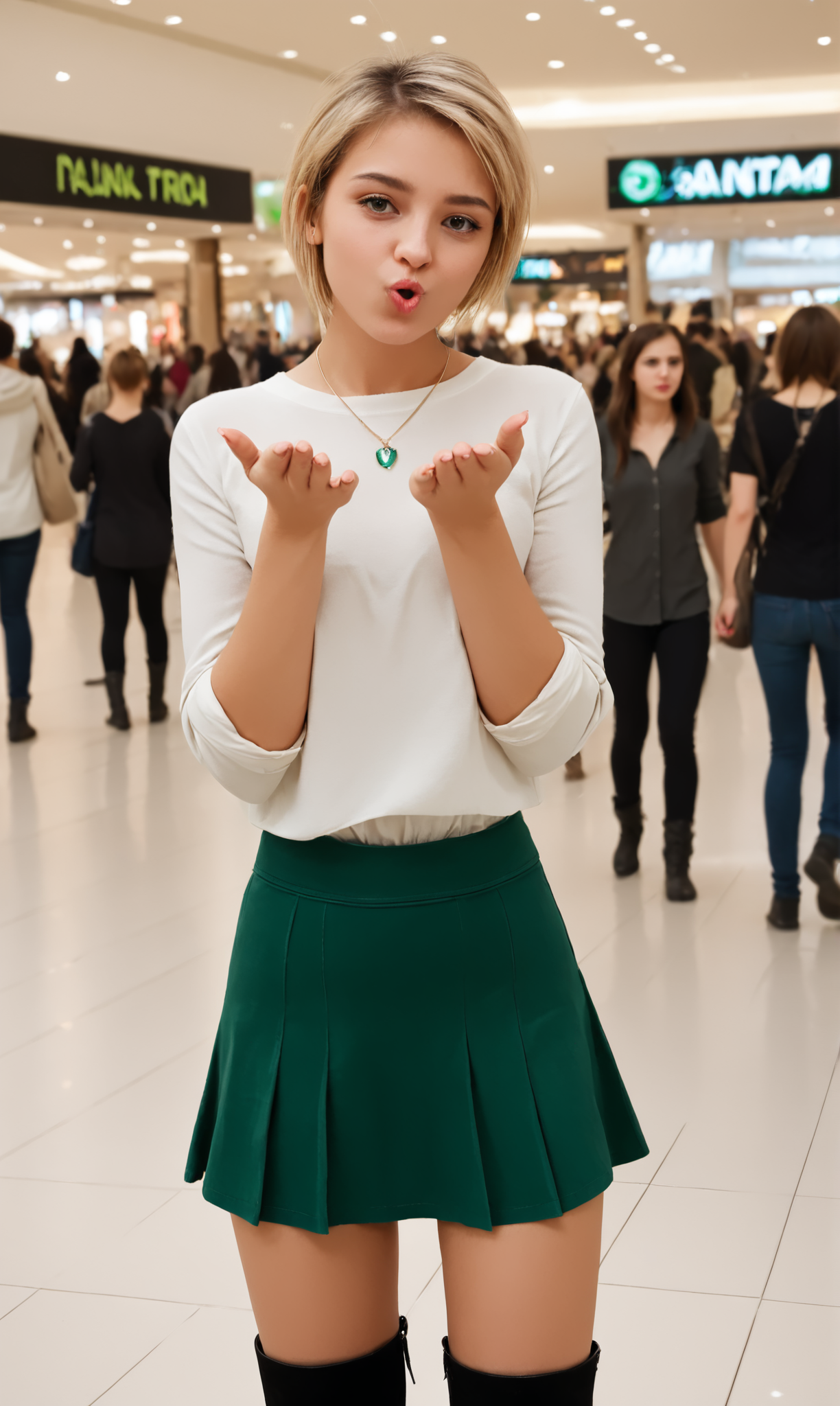blaiki, wiboha, (slim 25 years old girl) in green skirt and white blouse  is blowing an air kiss with both hands, standing in a crowded mall. black (thigh high boots), necklace,  short blonde hair  
  <lora:AirKiss:1>