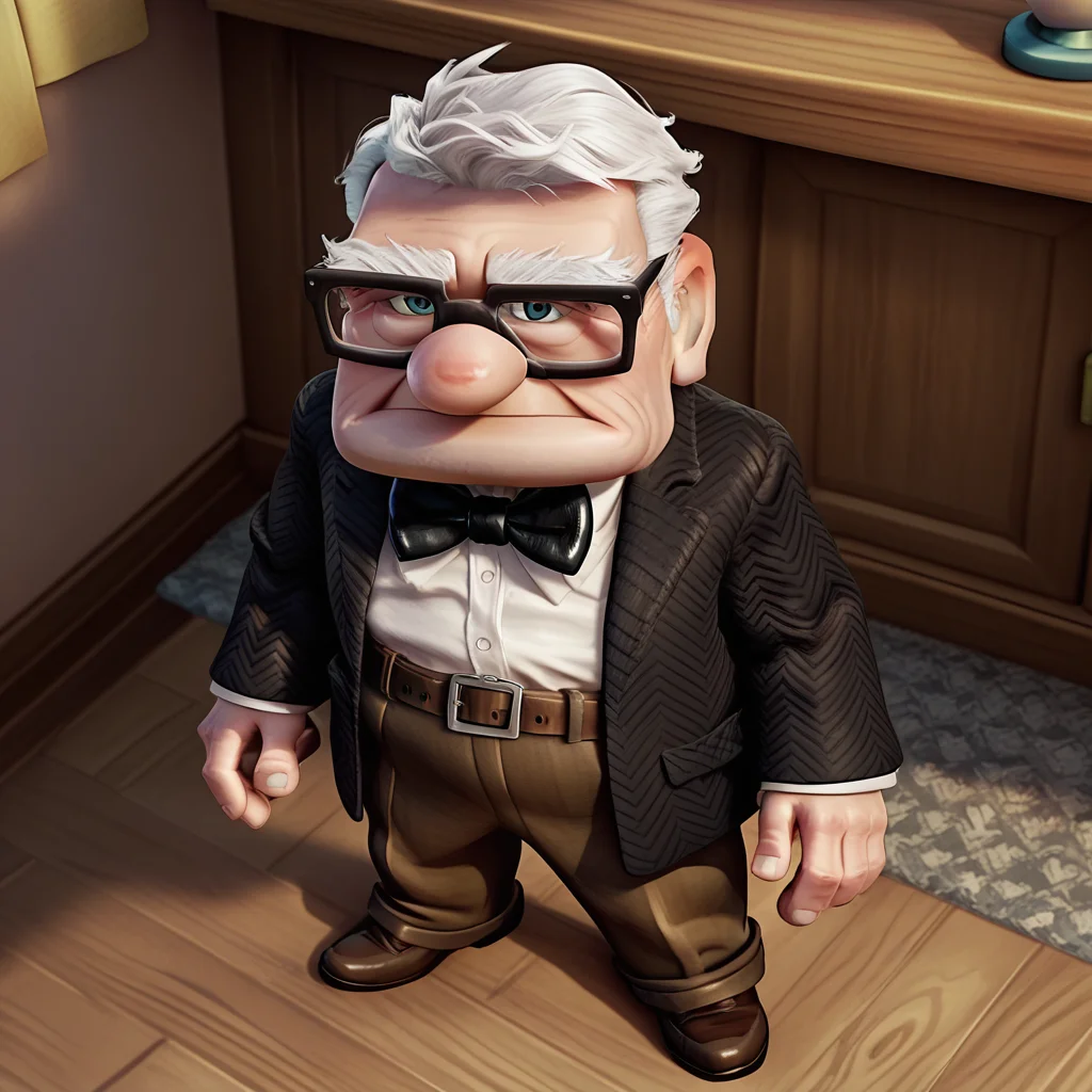 score_9, score_8_up, score_7_up, 3d <lora:df-000008:0.9> ucarloldm, 1boy, chubby, solo, glasses, light-black coat, black bowtie, shirt, belt, brown pants, brown footwear, standing, full body, indoors, (from above),