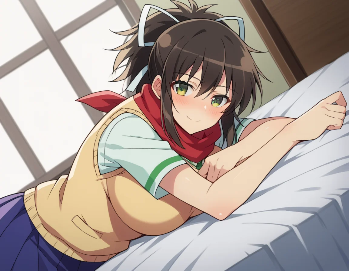 score_9, score_8_up, score_7_up, source_anime,
skasuka, <lora:sk-asuka-ponyxl-lora-nochekaiser:1>
asuka, brown hair, green eyes, ribbon, hair ribbon, ponytail, smile, large breasts,
skirt, school uniform, necktie, scarf, short sleeves, sweater, sweater vest,
indoors, bed, bed room, on side, blush, drunk,
looking at viewer, dutch angle, cowboy shot