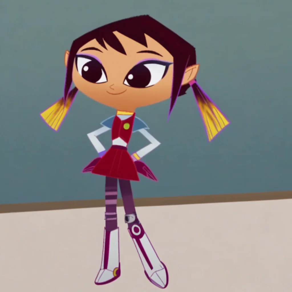 dark brown hair, smile, 1girl, Score_9, white boots with a purple line down the front, Solo, red-violet miniskirt, maroon gloves, purple eyeshadow, peach skin, in a room, violet and yellow highlights hair, long-sleeved sky blue shirt with purple and blue lines wrist, necklace, red-violet sleeveless vest, standing, full body, two ponytails, Sashy_Kobayashi, expressive eyes, different styled socks, dark brown eyes