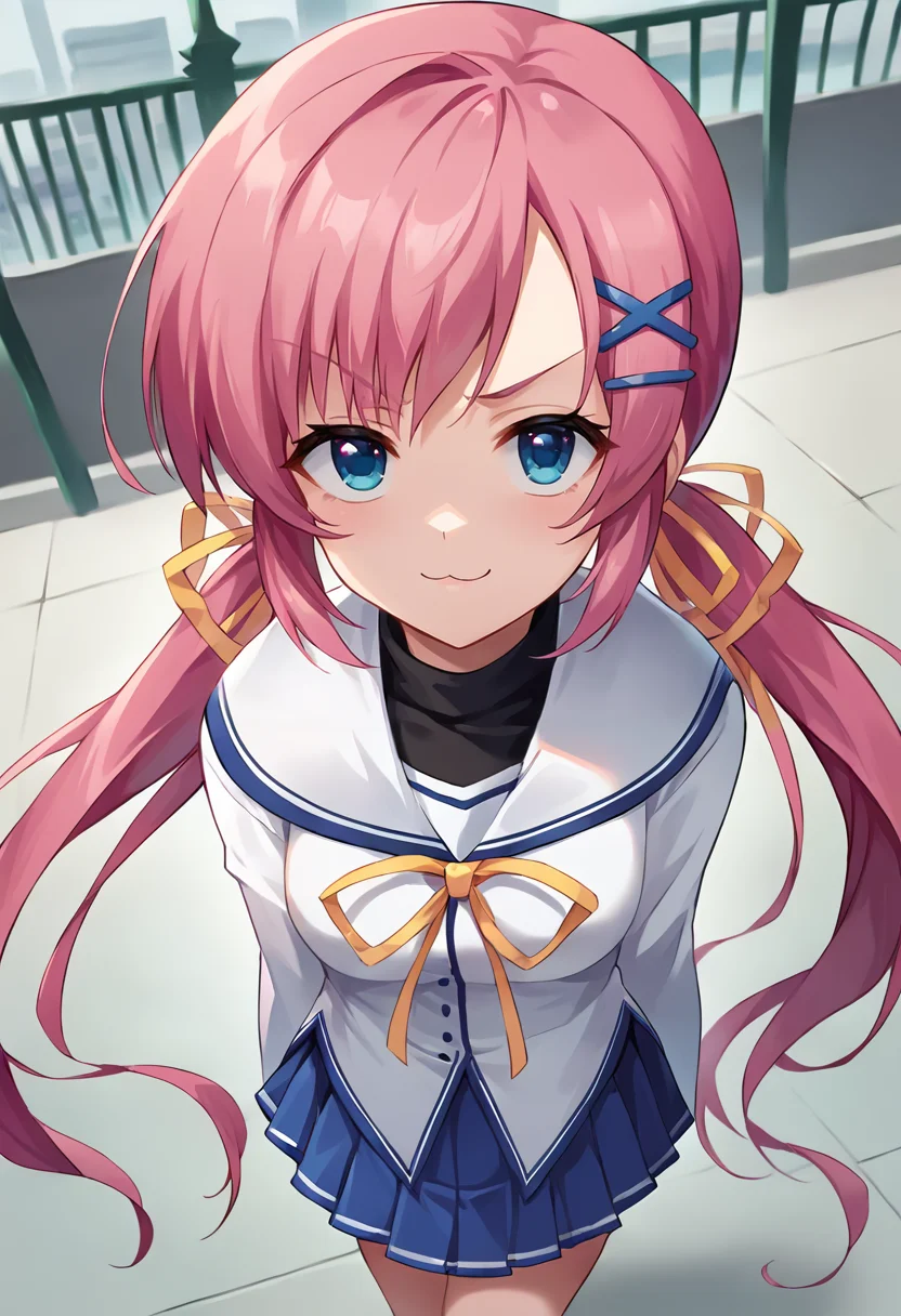 score_9, score_8_up, score_7_up, masterpiece, source_anime, 1girl, ct_nanaka, blue eyes, pink hair, twintails, long hair, x hair ornament, hairclip, hair ribbon, white serafuku, black turtleneck, white sailor collar, yellow neck ribbon, puffy long sleeves, blue skirt, looking at viewer, outdoors, city, depth of field, from above, looking up, foreshortening, standing, smug, v-shaped eyebrows, <lora:ShirakawaNanaka_Pony_ct:1>