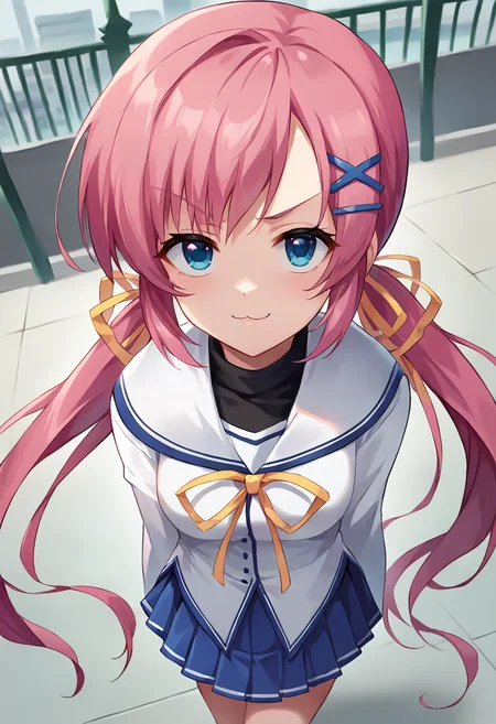 score_9, score_8_up, score_7_up, masterpiece, source_anime, 1girl, ct_nanaka, blue eyes, pink hair, twintails, long hair, x hair ornament, hairclip, hair ribbon, white serafuku, black turtleneck, white sailor collar, yellow neck ribbon, puffy long sleeves, blue skirt, looking at viewer, outdoors, city, depth of field, from above, looking up, foreshortening, standing, smug, v-shaped eyebrows, <lora:ShirakawaNanaka_Pony_ct:1>