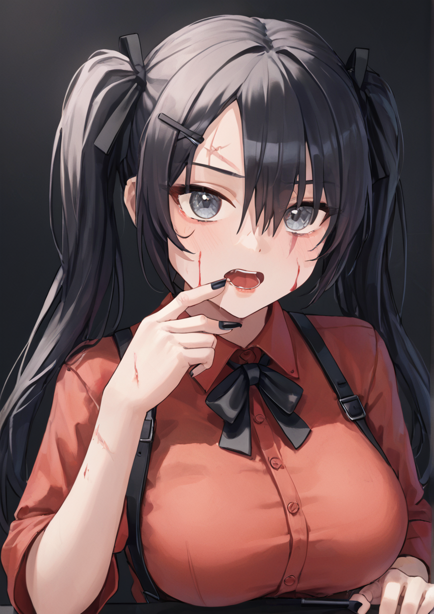 1girl, ame-chan (needy girl overdose), huge breast, applying makeup, black background, black hair, black nails, black ribbon, bleeding, blood, collared shirt, cuts, grey eyes, hair ornament, hair over one eye, hairclip, hand up, injury, long hair, makeup, mascara, mascara wand, nail polish, neck ribbon, open mouth, red shirt, ribbon, scar, scar on arm, self-harm, self-harm scar, shirt, solo, suspenders, twintails, upper body, wide-eyed, wrist cutting, x hair ornament, zPDXL3<lora:ã¯ã¹ã¿ã«Kustaru:0.9>