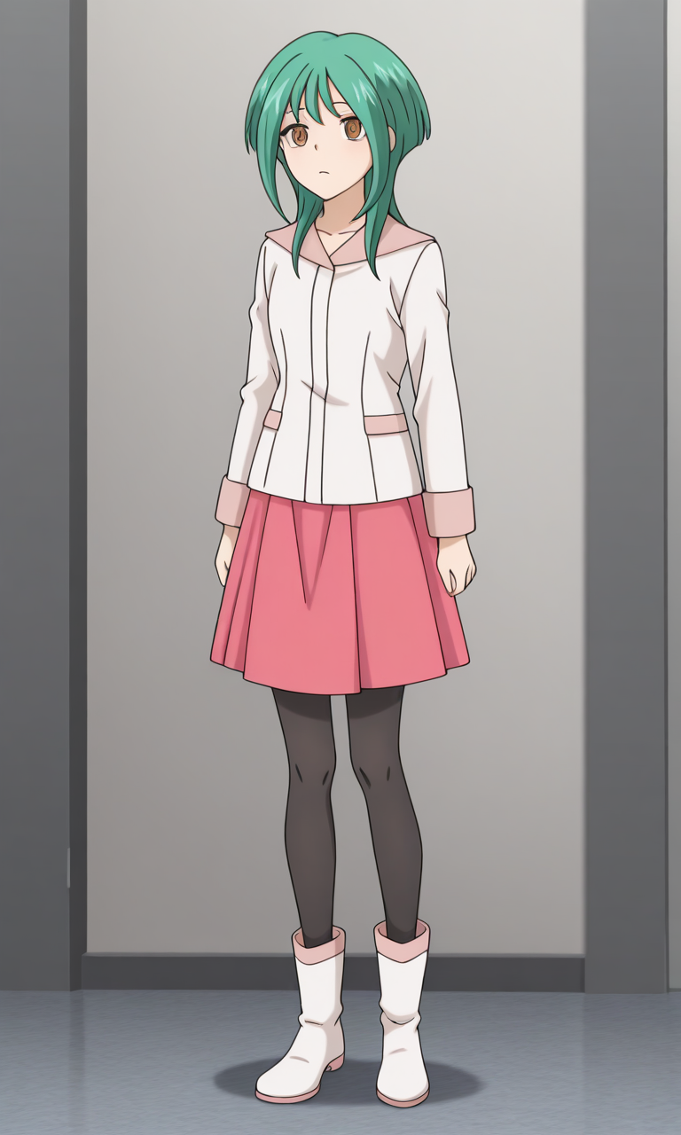 1girl, solo,tokoha_vgg, green hair, brown eyes,white wear, pink pleated skirt, black pantyhose, white boots, full body, masterpiece,best quality,amazing quality,very aesthetic,absurdres,newest,