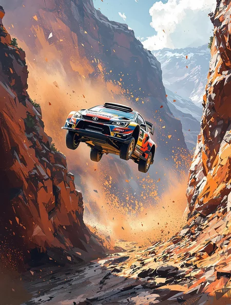 A rally car mid-jump across a canyon, frozen in a chaotic mix of thick expressive brushwork and exploding pixel debris