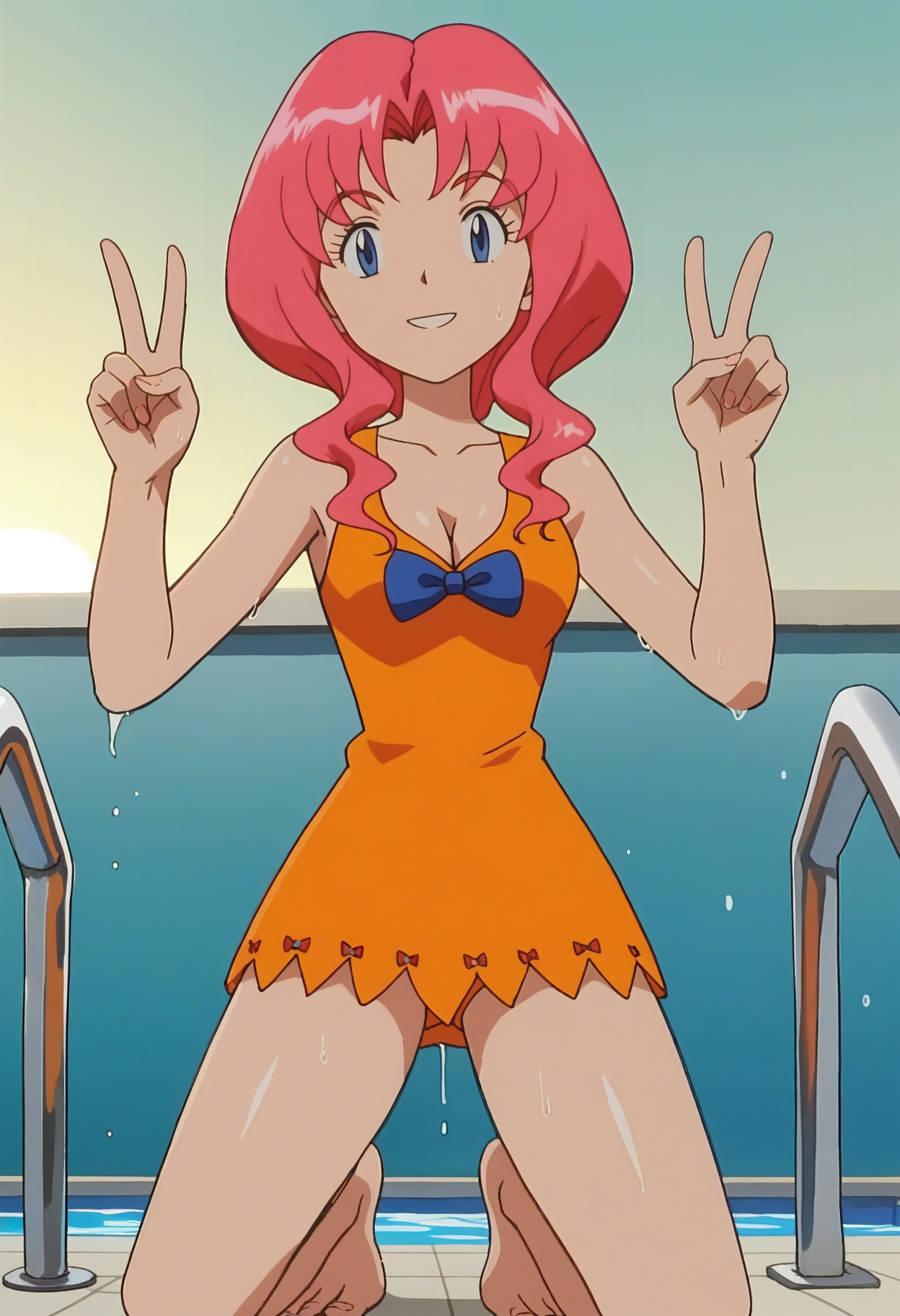 score_9, score_8_up, score_7_up, score_6_up, anime screencap, anime coloring, <lora:PMLily:0.9>, PMLily, 1girl, solo, pink hair, blue eyes, short hair, parted bangs,
cleavage, orange dress, short dress, sleeveless, bowtie, barefoot,
from below, double v, smile, wet, sweat, kneeling, looking at viewer, 
BREAK, sunset, dusk, pool,