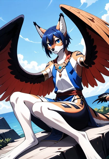 1person, Palagiri, anthro, feline features, feline nose, ((2 wings)), ((((armless, no arms)), no hands, wings only)), perfect wings,
Sitting, sitting on cliff edge,
3/4 view, dutch angle, perfect wings, prehensile wings, ((prehensile toes, long toes)), ((feathers-tipped tail, fanned tail-tip, tapering-tip tail)),
digitigrade legs, pelvic curtain tunic,
((Feet focus, detailed toes)),
Source: anime, score: 9, score: 8up, SFW, rating: safe,