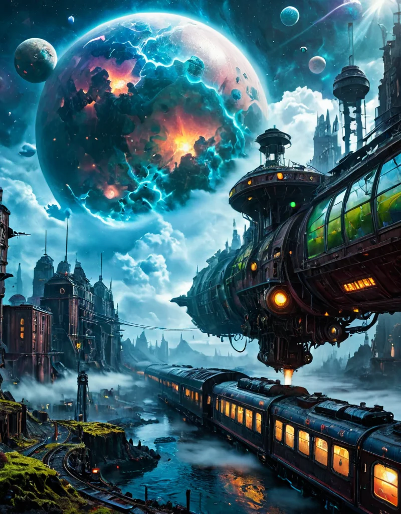 <lora:Space_Worlds_02_Dark_xlv1:1> sw02d_xl, in space, water planet, steampunk, space nebula, planet decay, cyberpunk city, clouds, steam train, moss, lava, zeppelin,