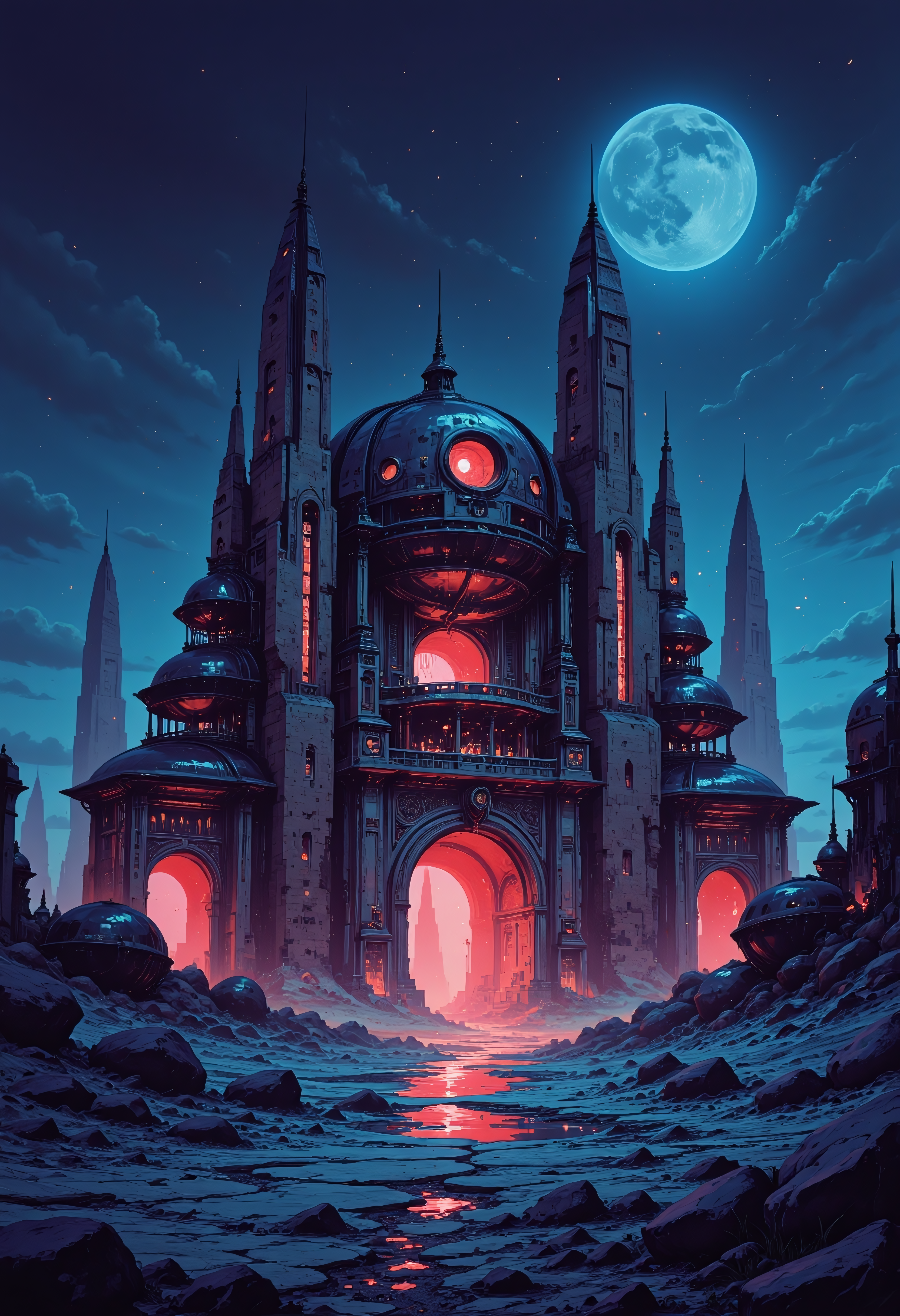 <lora:ck-chromatic-crusade_r1-000011:0.8>, in the style of ckcc, architectual structure, colossal scale, epic composition, at night, neon lit, bioluminecent, templar flags