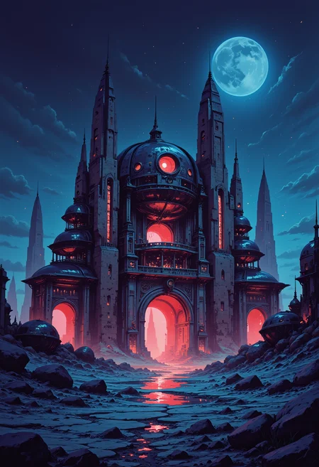 <lora:ck-chromatic-crusade_r1-000011:0.8>, in the style of ckcc, architectual structure, colossal scale, epic composition, at night, neon lit, bioluminecent, templar flags