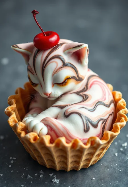 "Depict a hyper-realistic scene where a kitten is reimagined in the most delightful way. Its body, soft and fluffy, is not made of fur, but of the finest ice cream flavors. Vanilla, rich and creamy, forms its undercoat, while swirls of chocolate and strawberry ripple through its body, creating a mesmerizing pattern. This edible feline is crowned with a cherry, its glossy skin contrasting with the icy sweetness beneath. Beneath this frozen feline lies a bed, but not just any bed. Crafted from waffle cones, the bed is a masterpiece of crunch and comfort, a perfect cradle for the ice cream kitten. Each cone, baked to a golden perfection, is arranged in such a way that it supports the kitten's form, creating a nest of sweet, crunchy goodness. The kitten, curled up in a peaceful slumber, is the centerpiece of this edible fantasy. Its eyes, closed in serene repose, are a deep chocolate brown, a rich contrast to the pale sweetness of its face. The scene is one of whimsical tranquility, a blend of warmth and coolness, of the fleeting joy of dessert and the enduring comfort of home. Every element, from the ice cream's texture to the waffle cone's aroma, is rendered with such clarity that one can almost taste the adventure. This is a world where dessert and dreams collide, a hyper-realistic haven of sweetness and sleep. " Highest-Quality, intricate details, visually stunning, Masterpiece