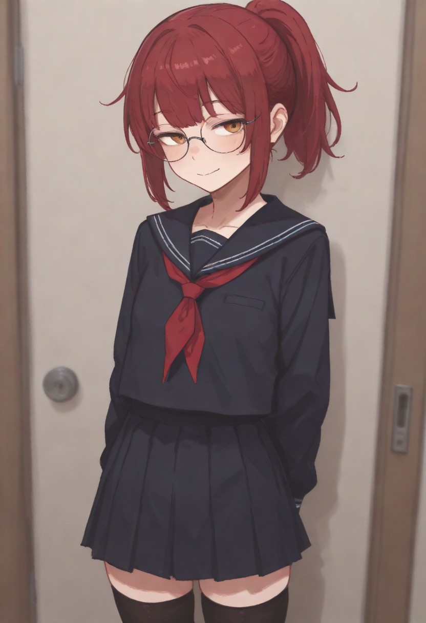 1 girl, small girl, standing, black sailor uniform, short girl, black tight highs, red hair, ponytail, circular glasses, orange eyes, friendly girl, smile , tarustyle, artist:moriimee