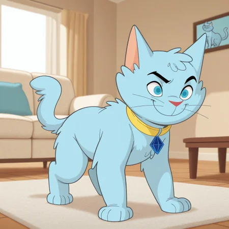 masterpiece, best quality, amazing quality, snooky, male, furry male, feral, cat, solo, blue fur, blue eyes, black eyebrows, whiskers, red nose, paw pads, tail, yellow collar, all fours, smile, indoors, living room