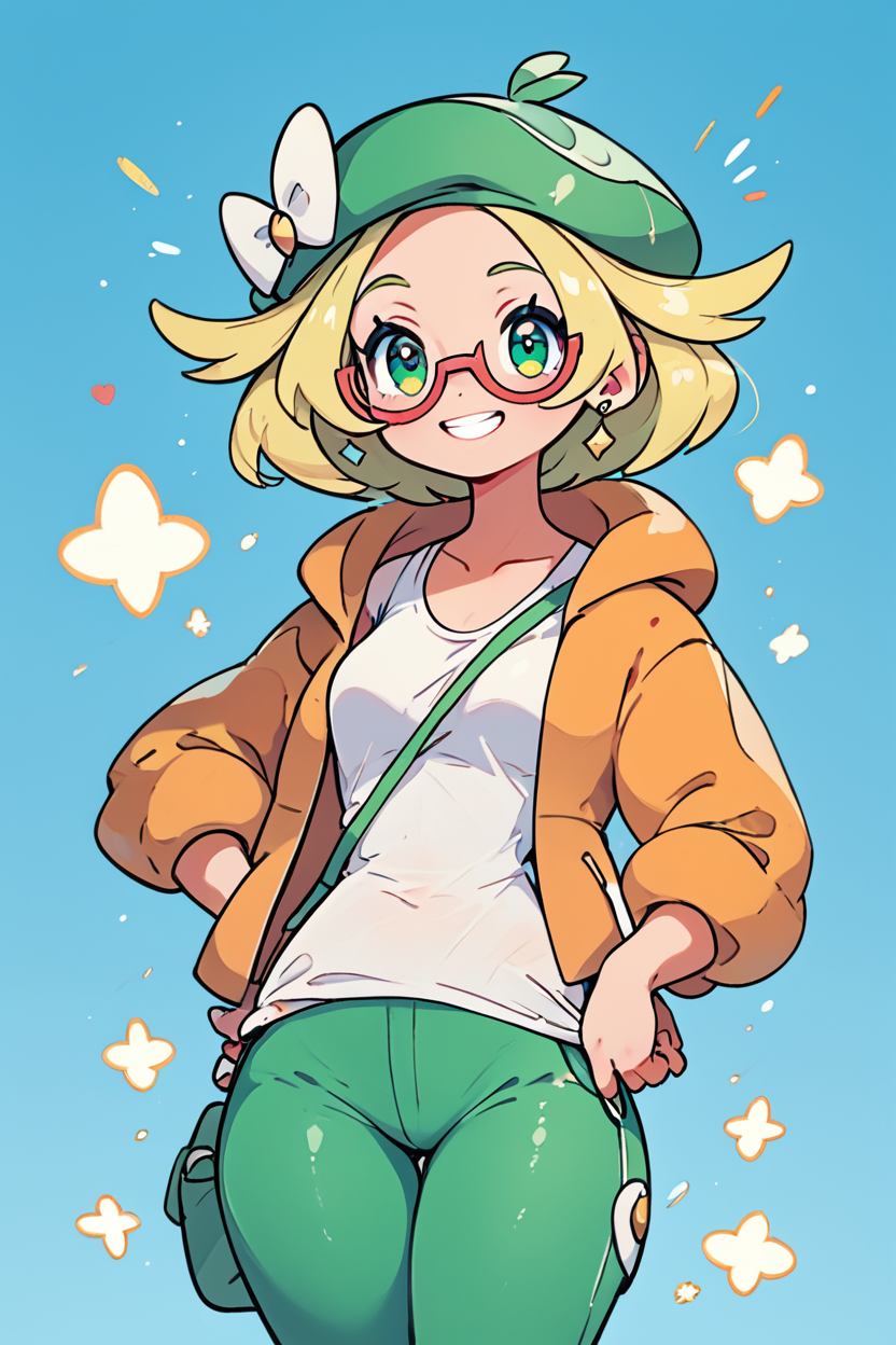 score_9, score_8_up, score_8, medium breasts, (curvy), cute, eyelashes,       BREAK, , ,,, zzBianca, blonde hair, short hair, green eyes, green hat, glasses, orange jacket, white shirt, green pants, <lora:Bianca_Pokemon_PDXL:0.8>,    ,,,, BREAK, smile, looking at viewer, cowboy shot, ,,, embedding:zPDXL, Expressiveh, ,,, <lora:CuteToonPDXL:0.8>, <lora:SDXLFaeTastic2400:0.5>, <lora:Expressive_H-000001:0.4>,