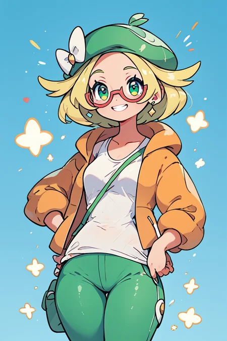 score_9, score_8_up, score_8, medium breasts, (curvy), cute, eyelashes, BREAK, , ,,, zzBianca, blonde hair, short hair, green eyes, green hat, glasses, orange jacket, white shirt, green pants, <lora:Bianca_Pokemon_PDXL:0.8>, ,,,, BREAK, smile, looking at viewer, cowboy shot, ,,, embedding:zPDXL, Expressiveh, ,,, <lora:CuteToonPDXL:0.8>, <lora:SDXLFaeTastic2400:0.5>, <lora:Expressive_H-000001:0.4>,