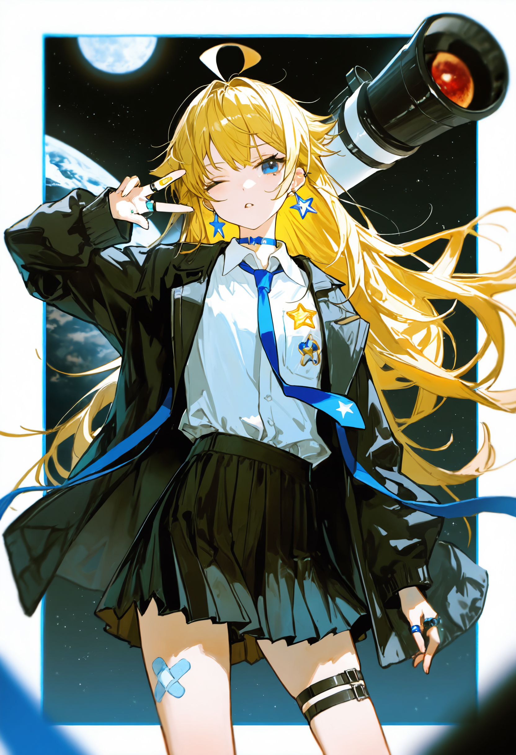 ambient occlusion, depth of field, 1girl, solo, skirt, necktie, moon, telescope, jewelry, shirt, long hair, jacket, blue eyes, one eye closed, white shirt, ring, earrings, black skirt, blue necktie, bandaid, pleated skirt, collared shirt, planet, blonde hair, star \(symbol\), looking at viewer, black jacket, thigh strap, ahoge, choker, long sleeves, open jacket, multiple rings, parted lips, crescent, bandaid on leg, star earrings, open clothes, shirt tucked in, white border, cowboy shot, full moon, border, bandaid on hand, blue ribbon, ribbon