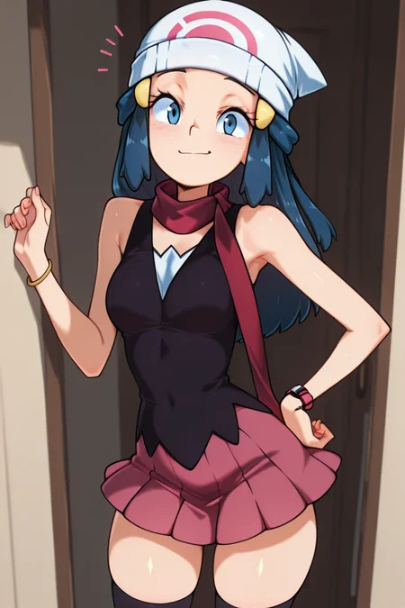 masterpiece, best quality, 1girl, solo, beautiful eyes, zzDawn, blue hair, blue eyes, sidelocks, long hair, bare shoulders, beanie, black shirt, black socks, bracelet, hat, jewelry, kneehighs, miniskirt, pink skirt, red scarf, scarf, shirt, skirt, sleeveless, sleeveless shirt, white headwear, <lora:DawnPokemonIXL_e07:1.0> <lora:TobiaswhellerIXL_v2:1.0>, cowboy shot, hand on hip, smug, smile, looking at viewer, shiny skin,