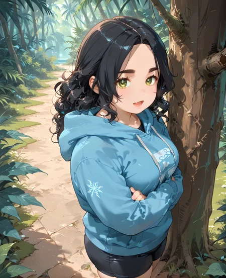 IllusP0s, PonyScores7, source_anime, ah1, IllustriousQual, interesting, exciting, spectacular, wonderful, <lora:natsumi_style:0.5>, <lora:by_usakun-pony:0.4>, by usakun, <lora:Akina_Bbw_Style_-_PonyXL:0.2>, AkinBw,
BREAK ((from above), (from side), medium distance),
BREAK 1girl, mature female, (round face:1.2), (thick eyebrows:1.3), (curvy), round-chin, caucasian, (plump face), <lora:Round_face:0.2>, <lora:ETO_OC_Illustrius:0.5>, eto_oc, skindentation, (plump), thick thighs, wide hips, busty, voluptuous, lips, <lora:venus body PonyXL:0.3>, <lora:shinyskin2:0.2>, glistening skin,
BREAK (curly hair), long hair, (black hair:1.4), (parted hair:1.7), messy hair, kinky curls, <lora:hairdetailpxl:0.2>, hairdetailpxl,
BREAK (half green and brown eyes), (colorful eyes), (multicolored eyes), (downturned eyes:1.4), <lora:expressive eyes:0.2>, expressive eyes, <lora:eyedetailpxl:0.2>, eyedetailpxl, <lora:Eyes_High_Definition:0.2>, EyesHD,
BREAK ((open mouth, fang)), <lora:Expressive_H:0.2>, Expressiveh, <lora:Emotional_Anime_Expressions_PonyXL_Concept:0.2>, emotional, <lora:Best_Facial_Expression_LoRA_PONY:0.2>, looking at viewer, <lora:Detailed expressive EXEV style -XL Pony V1.0:0.2>, FaceDetail,
BREAK ((leaning against a tree with one leg bent and foot resting on the trunk, arms crossed, looking relaxed)),
BREAK (Navy, Burgundy casual, oversized sports hoodie and stretchy bike shorts),
BREAK (((A misty winter morning on Moyenne Island, with soft fog enveloping the dense tropical forest, Sunlight breaks through the haze, illuminating the rich biodiversity and highlighting the historical landmarks, creating an ethereal and tranquil atmosphere))),
BREAK <lora:xl_more_art-full_v1:0.2>, <lora:aesthetic_anime_v1s:0.2>, <lora:EpicF4nta5yXL:0.2>, <lora:detailxl:0.2>, detailxl, <lora:Fant5yP0ny:0.2>, best quality, amazing quality, best aesthetic, absurdres, illustration, Volumetric_Lighting, ultra-detailed, very aesthetic, intricate details, 8k, masterpiece, best_quality
BREAK Stable_Yogis_PDXL_Positives, AS-Adult, <lora:Complicated fantasy portrait - XL Pony V2.0:0.2>, bad-hands-5, <lora:HDA_Detailer:0.3>, HDA_FatGirlXL,