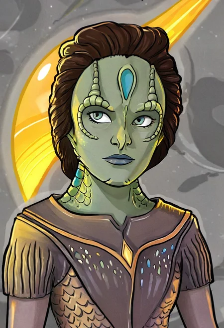 (a female c4rd45514n alien, forehead crest, grey skin, ridges, scales), space explorer, bright yellow god rays, sun circle