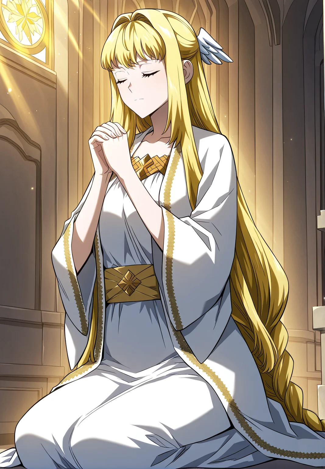 <lora:Dolores_Quovadis__Revenge_of_the_Iron-Blooded_Sword_Hound__Illustrious:1>
Dolores_Quovadis, 1 girl, solo, long hair straight hair, blonde hair, thick braid, long braid, straight fringe, wing hair ornament, green eyes, cross pupils, <lora:DetailedEyes_V3:1>,
Dolores_Quovadis_ceremonial, white ceremonial dress, long robe, gold embroidery, golden trim, wide sleeves, high waist sash,
zPDXL3, score_9_up, score_8_up, score_7_up, (Anime_source),Masterpiece,(perfect female body:1.2), small waist,(incredibly detailed:1.4), slim, beautiful fingers, praying, kneeling, eyes closed, church in the background, golden aura