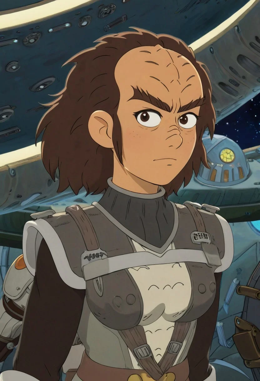 Studio Ghibli Style anime scene of an 18 year old female kling0n alien warrior, forehead ridges, light brown skin, nose ridges, large eyebrows, space station background, cleavage, leather armor