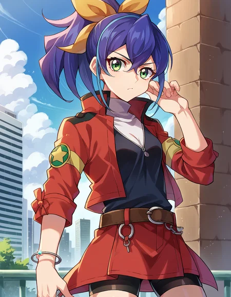 score_9, score_8_up, score_7_up, source_anime,
yugiohserena, <lora:yugioh-serena-ponyxl-lora-nochekaiser:1>,
yugioh serena, blue hair, multicolored hair, ponytail, two-tone hair, green eyes, hair bow, ribbon,
belt, bike shorts, bow, bracelet, jacket, jewelry,
outdoors, cityscape,
looking at viewer, cowboy shot, dutch angle,