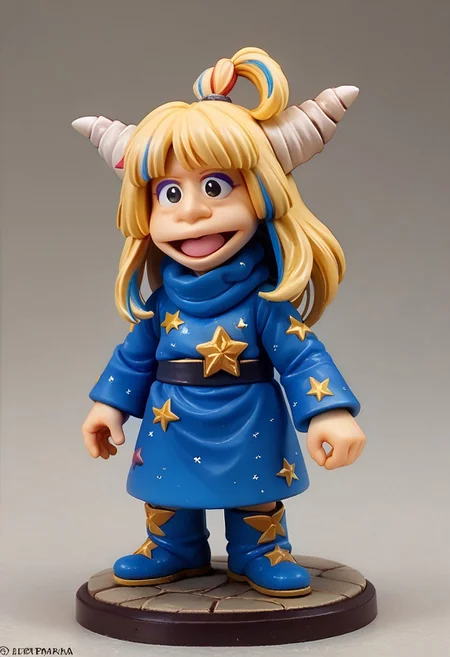 figure, score_9, score_8_up, score_7_up BREAK Eureekaa, 1girl, blonde hair, multicolor hair streaks, ponytail, horns, black eyes, purple eyeshadow, long blue starry robe, blue boots, blue star boots, full body,