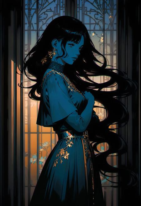 line art drawing of (psztzz), vector art, flat coloring, cel shaded, cel shading, illustration, vector illustration, vector coloring, Antique Grunge aesthetic, a alluring Bonairian woman with flowing hair made entirely of flowers, bright colors, stunning background. warm and bright sunlight, a mesmerizing blend of light and shadow. masterpiece, absurdres, intricate details , professional, sleek, modern, minimalist, graphic, line art, vector graphics