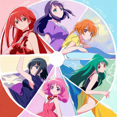 masterpiece, best quality,
source_anime, deep colors,
high quality, high resolution, detailed, highres, highly detailed, intricate details,
mj manga,
(color_wheel_challenge:1.2), multiple girls, magical girls, mahou shoujo,
red hair, pink hair, orange hair, yellow hair, green hair, cyan hair, blue hair, purple hair, violet hair, black hair,
red dress, pink dress, orange dress, yellow dress, green dress, cyan dress, blue dress, purple dress, violet dress, black dress,