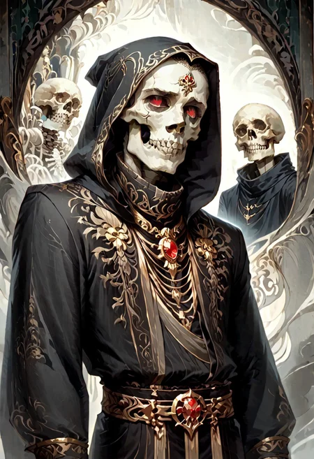8k, score_9, score_8_up, score_7_up, Art Noveau, masterpiece, 1man (skeleton), (skull face), empty eye sockets, glowing red eyes, grey skin,
intricate black robe, intricate gold sash, black pants, black hood, gold trim, black capelet, high collar, no ears, long sleeves, long intricate gloves, emerald amulet. bracers,