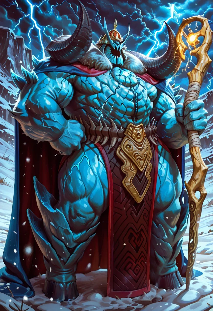 zPDXL2,masterpiece,best quality,amazing quality,solo,male focus,solo,night,full_body,snowfield,lightning,looking_at_viewer,
1van,horns,no eyes,no face,claw,crown,blue skin,blue cape,waistband,loincloth,hooves,holding staff,
muscular,big pecs,broad shoulders,standing,one hand on hips,
<lora:NOOB_vp1_detailer_by_volnovik_v1:1>,<lora:zoroj:0.6>,<lora:Rokudenashi_Style_V1_ILXL:0.2>,<lora:a¸°a¯eæ¯_IL:0.4>,<lora:Ivan_IL:1>,