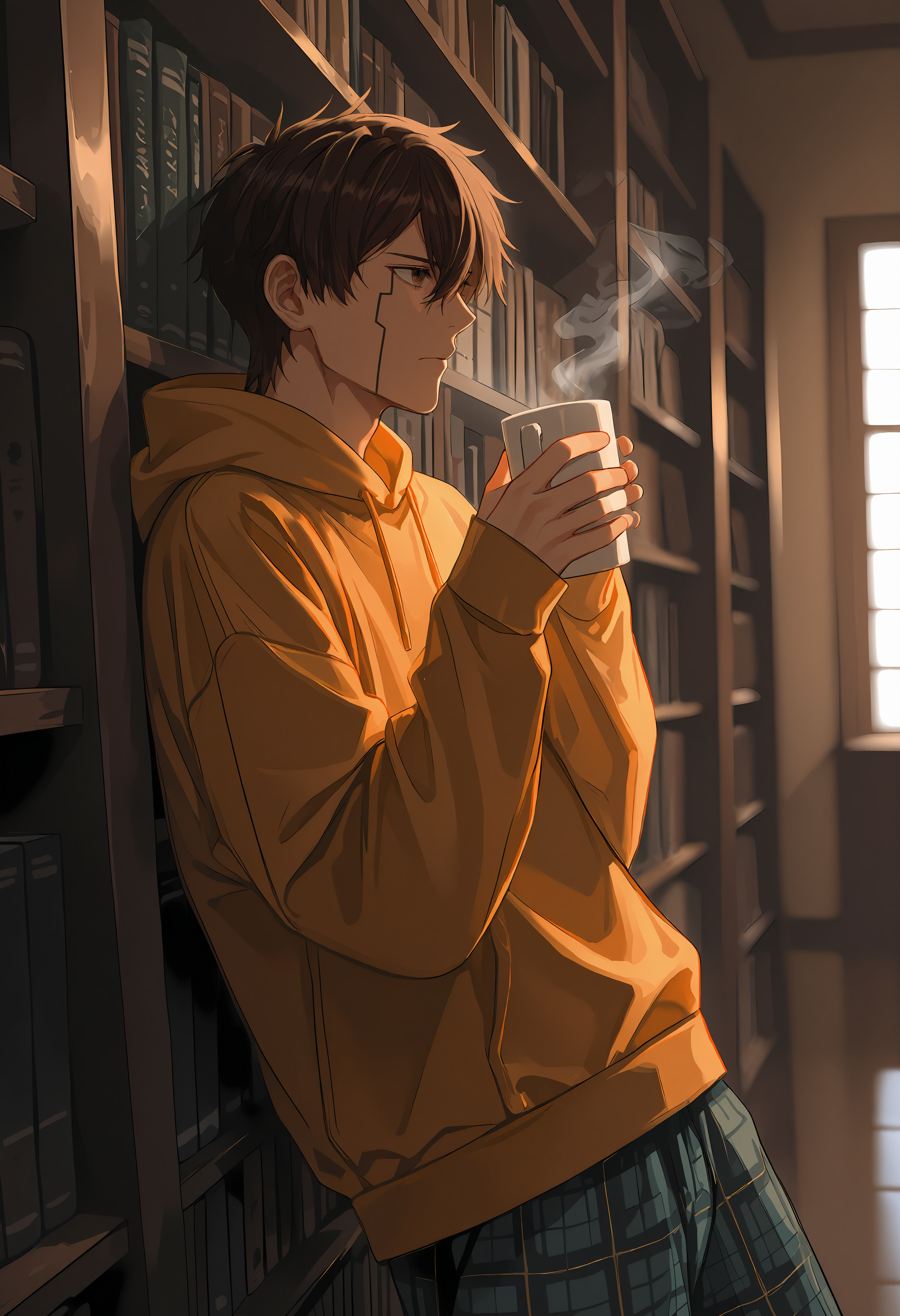 masterpiece, best quality, amazing quality, very aesthetic, absurdres, newest, detailed background, 0rt3r, 1boy, male focus, solo, facial tattoo, brown hair, hair between eyes, orange eyes, baggy clothes, sweatshirt, plaid pajama bottoms, leaning against bookshelf, library, reading, holding hot chocolate, steaming mug