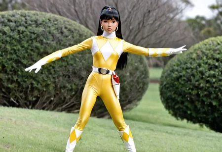 figurine, Trini Kwan, alone, long black straight ponytail hair, fringe, bangs, it's morphin time, helmetless, yellow power ranger, uniform, yellow catsuit, white turtleneck collar, white gloves boots belt, red holstered weapon, neutral facial expression, large chunky steel hoop earrings, in action, facing camera, looking at viewer