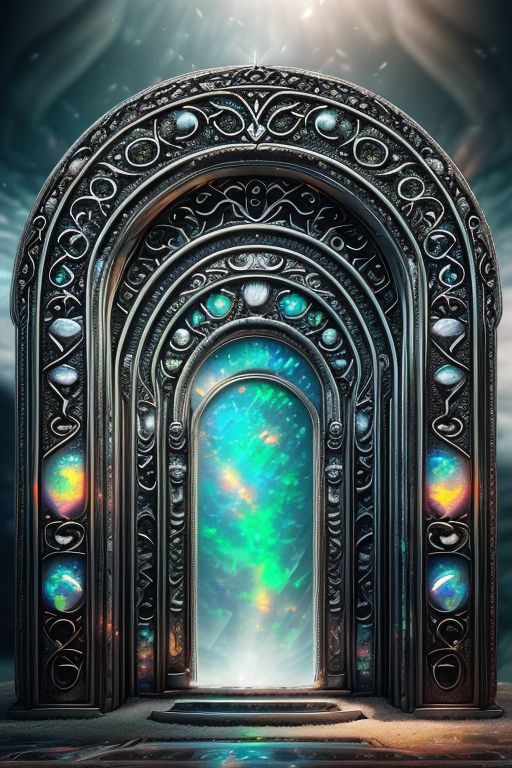 Hyperrealistic art, lush green wooded mountain pass landscape, a fantasy glowing Vivid multi-colored Runes covered ((silver)/(black ral-opal)) Circular gate (portal:1.3), a detailed matte painting by Mike Winkelmann, cgsociety, fantasy art, blue sky, Extremely high-resolution details, photographic, realism pushed to extreme, fine texture, incredibly lifelike