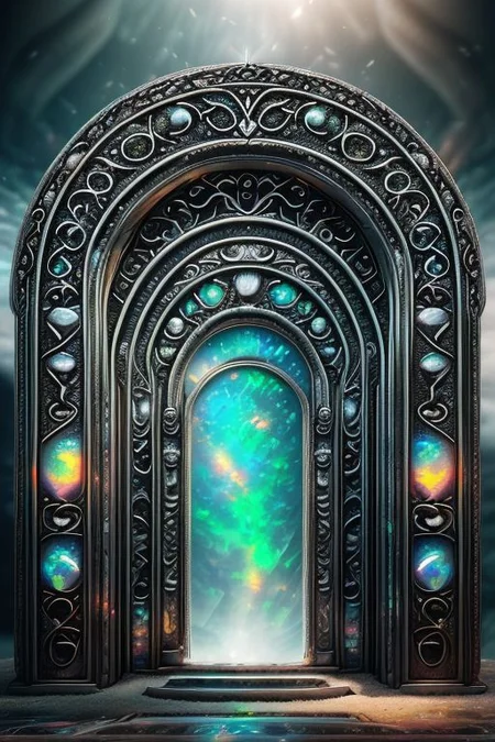 Hyperrealistic art, lush green wooded mountain pass landscape, a fantasy glowing Vivid multi-colored Runes covered ((silver)/(black ral-opal)) Circular gate (portal:1.3), a detailed matte painting by Mike Winkelmann, cgsociety, fantasy art, blue sky, Extremely high-resolution details, photographic, realism pushed to extreme, fine texture, incredibly lifelike