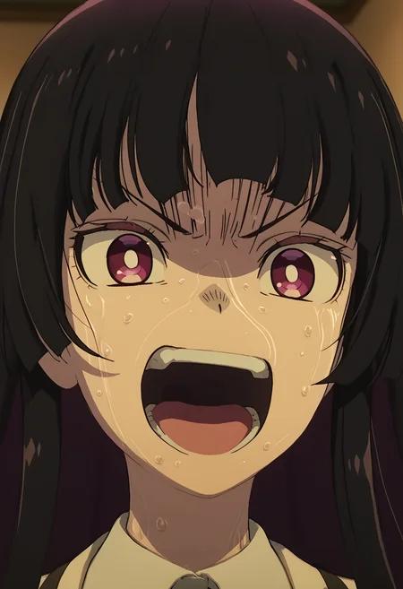 <lora:Kurogane_Otoha-pony:1>,
Kurogane Otoha,solo,open mouth,sweat,no pupils,teeth,shirt,close-up,portrait,angry,parody,anime coloring,