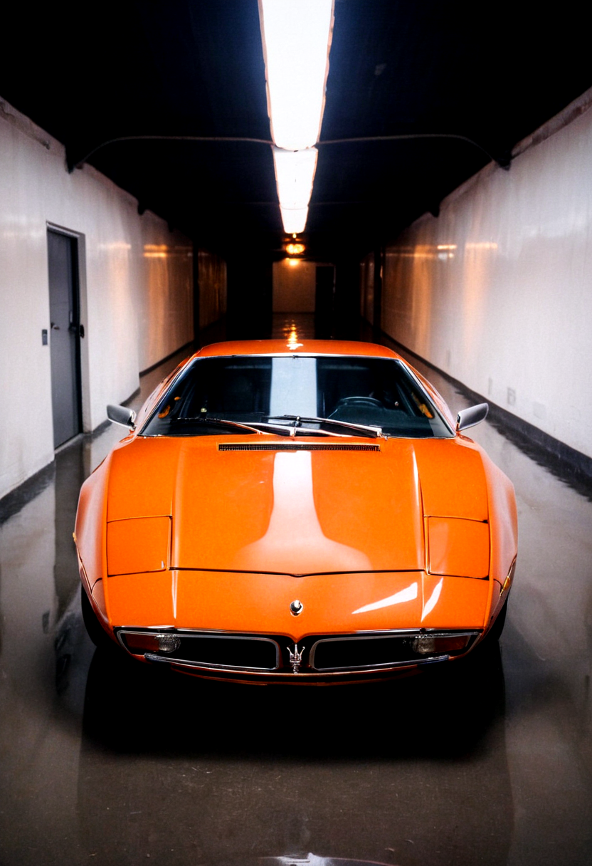 gleaming orange Maserati Bora, symmetrical front view, wet tunnel reflections, bright headlights, neon lights, 4K, highly detailed, ((grainy 35mm photo))