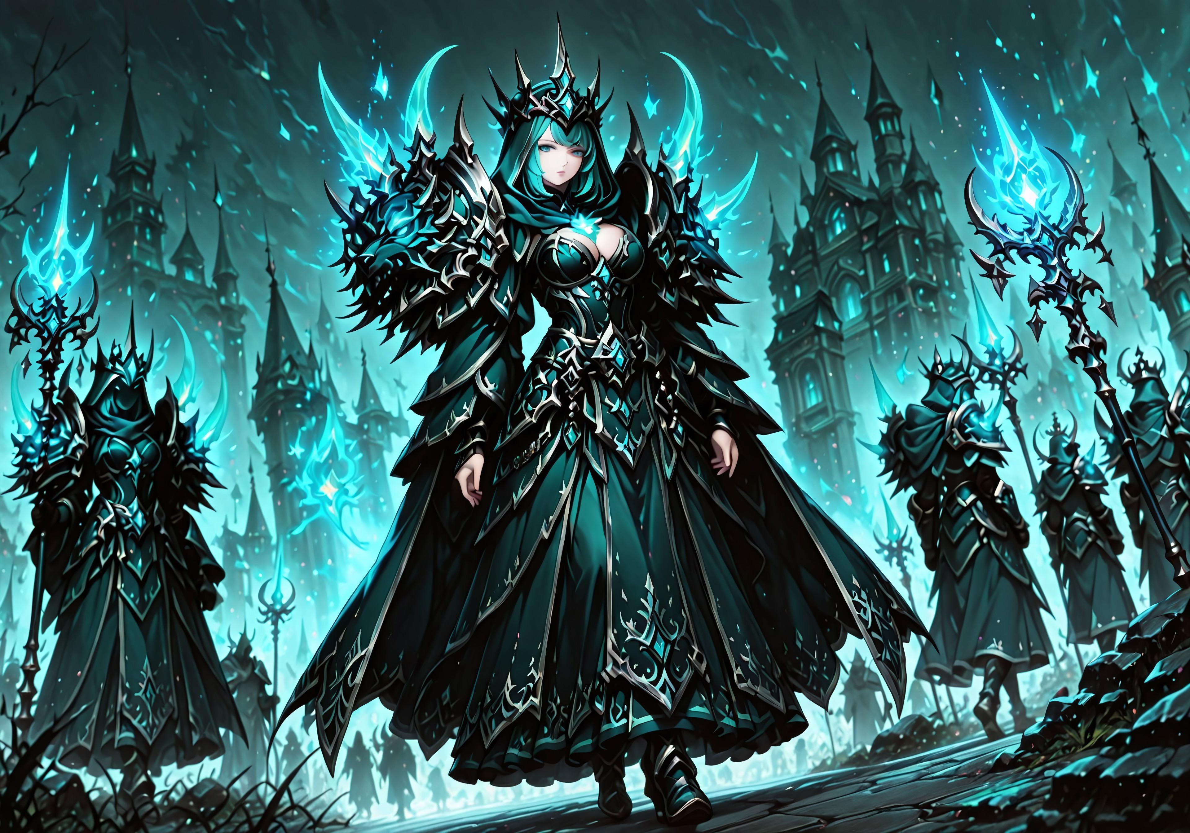 masterpiece, best quality, ultra-detailed, absurdres, 64K, high resolution, concept art, official art, illustration, fantasy illustration, very aesthetic, highly detailed, beyond intricately detailed, stylized, stunning, smooth quality, colorful, digital artwork, abstract, HDR, raytracing, high contrast, dramatic shadows, depth of field, particle effects, glow, ornate design, sharp focus,  highly detailed face, (full body:1.2), character-focused scene, vanishing point, BREAK, 

(Dutch angle, from below, atmospheric view:2), 

(1girl, sexy petite adult body, large breasts, seductive personality, cute face, lustful teal eyes, silver Gothic style makeup, lewd expression, cleavage nearly popping out, fantasy witch in dark teal and black arcane armor, (glowing teal energy spikes on shoulders and crown:1.6), intricate silver trim, long flowing robe with angular hem, elegant and regal silhouette, hooded, ornate and sharp fantasy armor, walking confidently through a battlefield:1.6) of ( an abandoned medieval fantasy City), 
