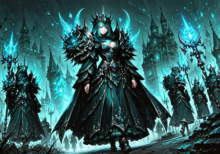 masterpiece, best quality, ultra-detailed, absurdres, 64K, high resolution, concept art, official art, illustration, fantasy illustration, very aesthetic, highly detailed, beyond intricately detailed, stylized, stunning, smooth quality, colorful, digital artwork, abstract, HDR, raytracing, high contrast, dramatic shadows, depth of field, particle effects, glow, ornate design, sharp focus, highly detailed face, (full body:1.2), character-focused scene, vanishing point, BREAK,
(Dutch angle, from below, atmospheric view:2),
(1girl, sexy petite adult body, large breasts, seductive personality, cute face, lustful teal eyes, silver Gothic style makeup, lewd expression, cleavage nearly popping out, fantasy witch in dark teal and black arcane armor, (glowing teal energy spikes on shoulders and crown:1.6), intricate silver trim, long flowing robe with angular hem, elegant and regal silhouette, hooded, ornate and sharp fantasy armor, walking confidently through a battlefield:1.6) of ( an abandoned medieval fantasy City),