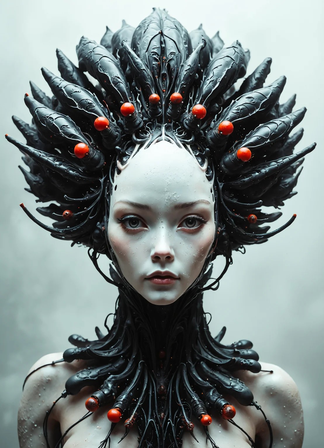 Surrealist portrait of an otherworldly being, its pallid, elongated face emerging from a stark grey background. The creature's skin is alabaster white, smooth and almost porcelain-like in texture. Its eyes, set deep in hollow sockets, gaze intensely at the viewer with an unsettling, alien intelligence. The being's head is adorned with a living, biomechanical crown that arches back symmetrically. This ornate headdress consists of glossy black segments reminiscent of an exoskeleton, each segment tipped with a vibrant red sphere, creating a hypnotic pattern of black and red. Similar biomechanical structures extend down the creature's neck and chest, forming an intricate, organic necklace. The overall composition evokes a sense of regal alienness, blending the biological with the mechanical in a dreamlike fusion. The lighting is soft yet dramatic, emphasizing the contrast between the being's pale skin and the dark, gleaming structures adorning it. This image captures a moment of surreal beauty and unease, challenging the boundaries between flesh and machine, familiar and foreign.