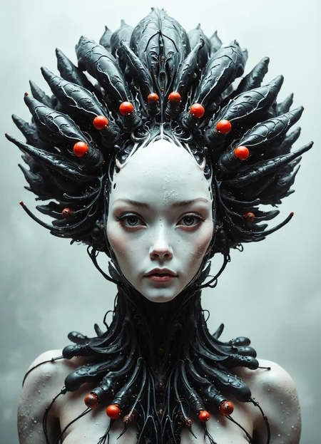 Surrealist portrait of an otherworldly being, its pallid, elongated face emerging from a stark grey background. The creature's skin is alabaster white, smooth and almost porcelain-like in texture. Its eyes, set deep in hollow sockets, gaze intensely at the viewer with an unsettling, alien intelligence. The being's head is adorned with a living, biomechanical crown that arches back symmetrically. This ornate headdress consists of glossy black segments reminiscent of an exoskeleton, each segment tipped with a vibrant red sphere, creating a hypnotic pattern of black and red. Similar biomechanical structures extend down the creature's neck and chest, forming an intricate, organic necklace. The overall composition evokes a sense of regal alienness, blending the biological with the mechanical in a dreamlike fusion. The lighting is soft yet dramatic, emphasizing the contrast between the being's pale skin and the dark, gleaming structures adorning it. This image captures a moment of surreal beauty and unease, challenging the boundaries between flesh and machine, familiar and foreign.