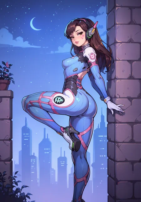 score_9, score_8_up, score_7_up, d.va from overwatch, ultra high quality, 1girl, 18 years old, perfect girl, fit, skinny body, slim waist, slender, bodysuit, bodysuit, long hair, night, city, skyline, petite body, high heels, full body, full lips, seductive, open hair, side view, one leg up, round ass, zPDXL3  <lora:AkaburV2_PDXL:0.3> <lora:OldAnimeStyle_XL_v3:0.4> <lora:princess_xl_v2:0.6>