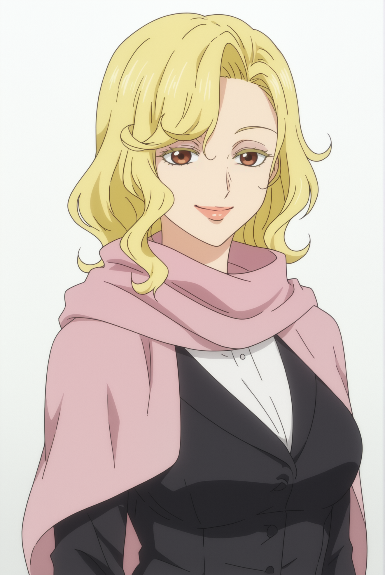 <lora:Marisa_Hyoudou:0.8>, white background, Marisa Hyoudou, formal costume, upper body, smile, pink scarf,