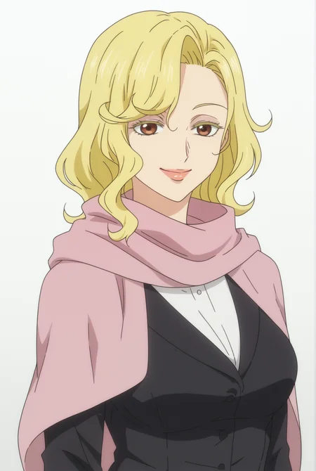 <lora:Marisa_Hyoudou:0.8>, white background, Marisa Hyoudou, formal costume, upper body, smile, pink scarf,